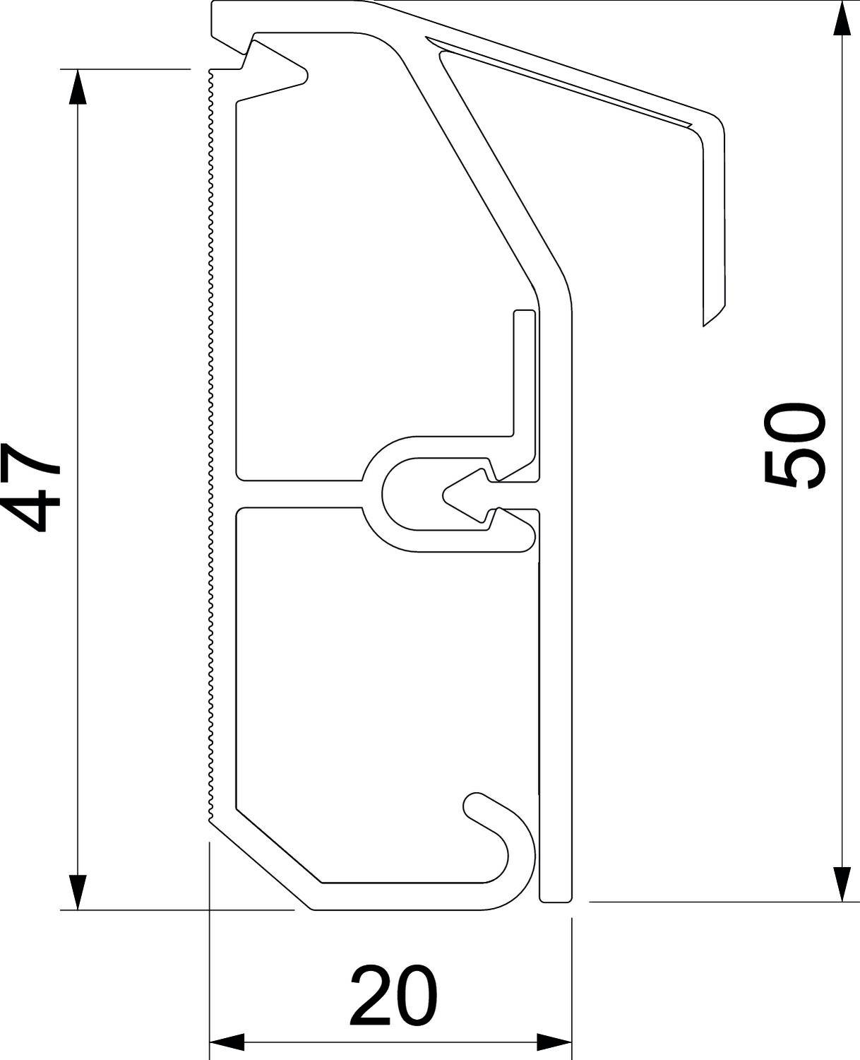 Querschnitt einer technischen Zeichnung eines Profils, mit Abmessungen: 47 mm hoch, 50 mm hoch und 20 mm breit.