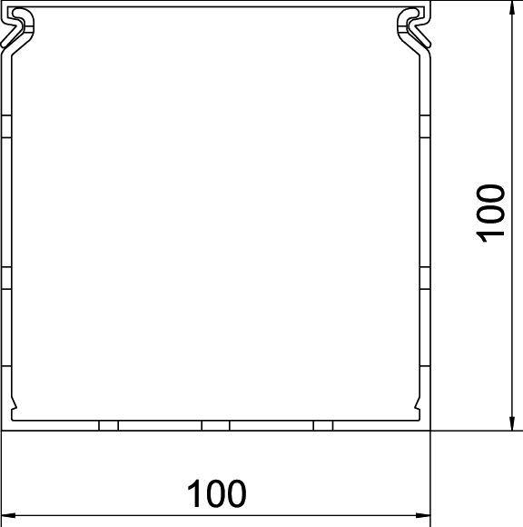 Querschnittzeichnung eines quadratischen Rohrs mit den Maßen 100 x 100 mm, dargestellt in technischer Skizze mit Maßlinien.