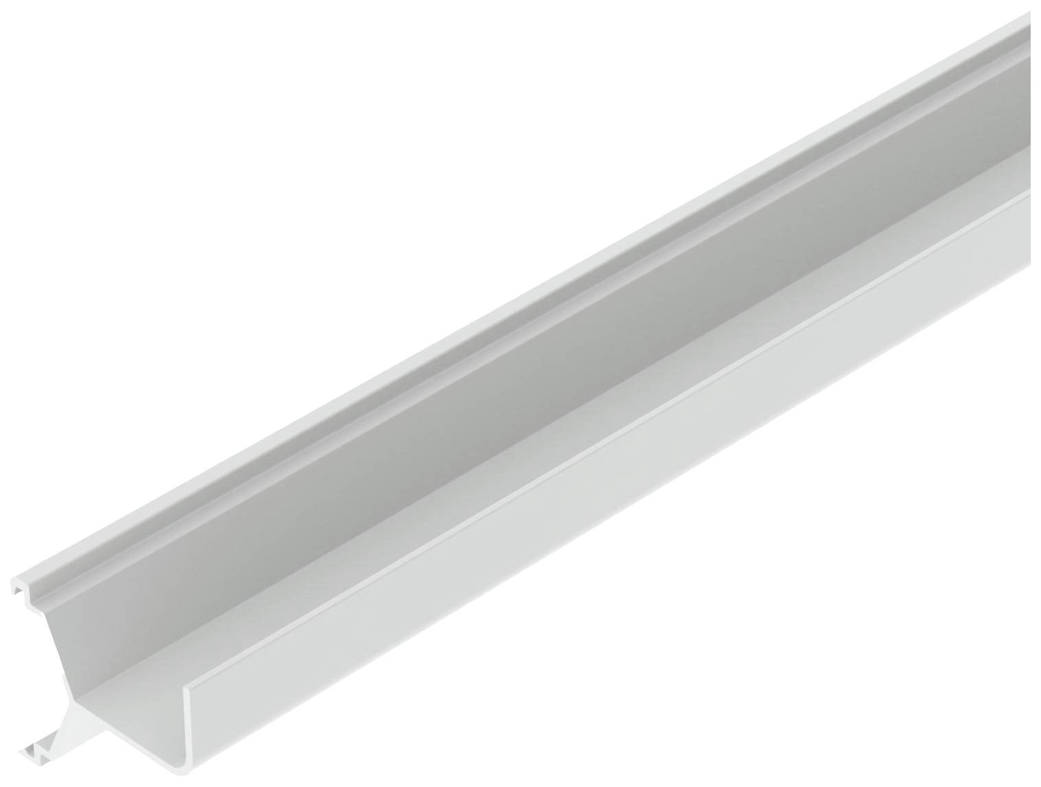Langes, weißes Aluminiumprofil mit L-förmigem Querschnitt, verwendet für Möbelleuchten oder als LED-Abdeckung.