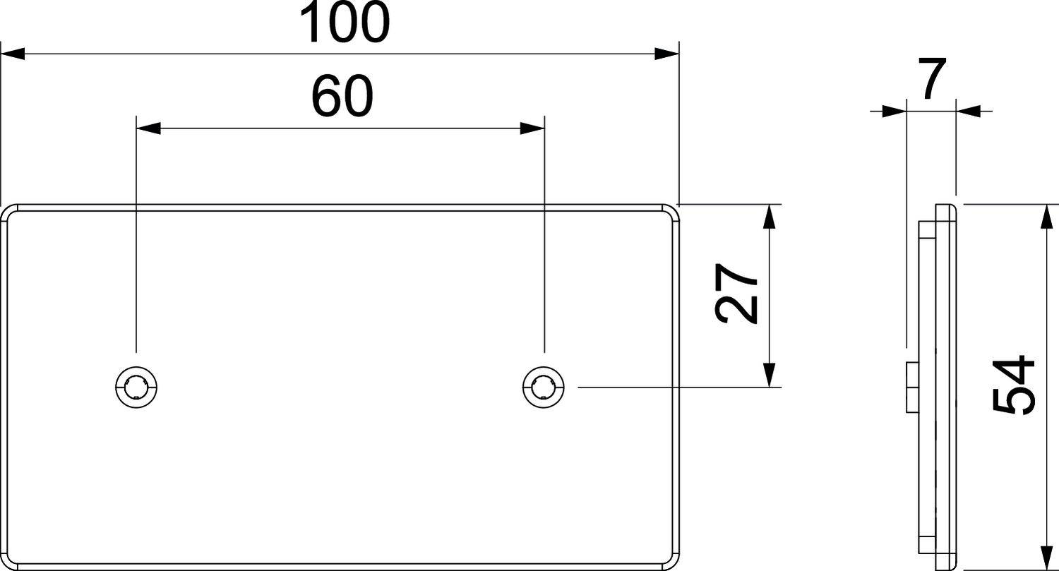 Technische Zeichnung eines rechteckigen Objekts mit den Maßen 100x54mm. Zwei Löcher erscheinen mittig auf der Vorderseite.