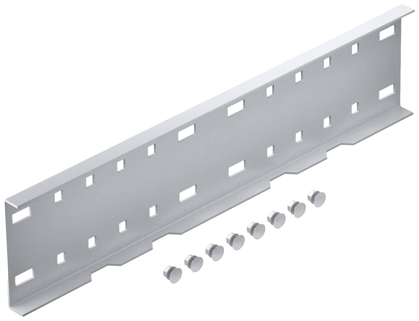 Metallschiene mit rechteckigen Aussparungen und sieben losen Schrauben darunter.