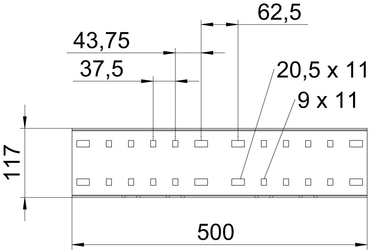 Technische Zeichnung eines rechteckigen Metallblechs mit Maßen: 500 x 117 mm. Lochanordnung: 9 x 11 und 20,5 x 11 mm. Abstände: 43,75 mm, 37,5 mm und 62,5 mm.
