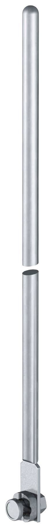 Langer, vertikaler, silberner Metallstab mit einer Basis, möglicherweise ein Teil eines Möbelstücks oder einer Vorrichtung.