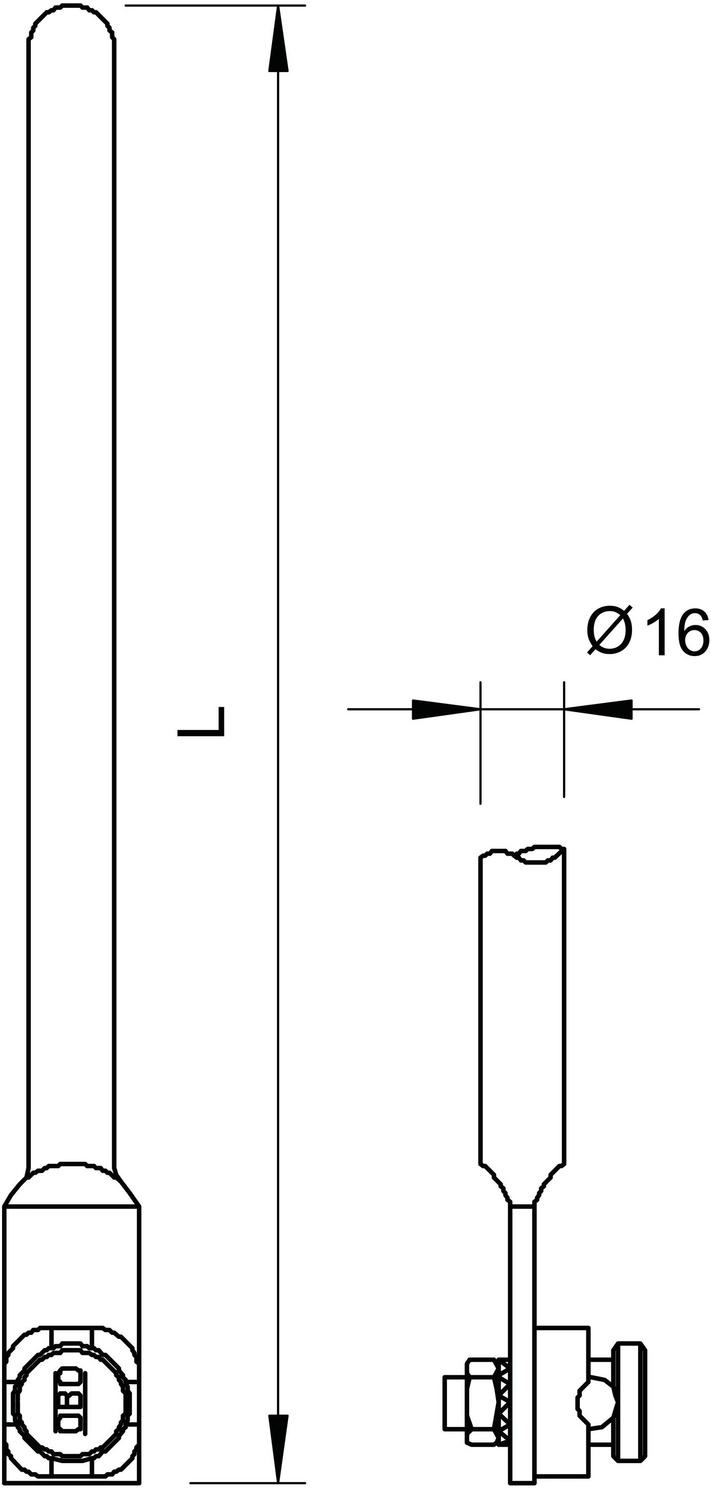 Technische Zeichnung eines zylindrischen Objekts mit Durchmesser 'Ø16' und Länge 'L', seitliche und frontale Ansicht mit Schraubbefestigung.