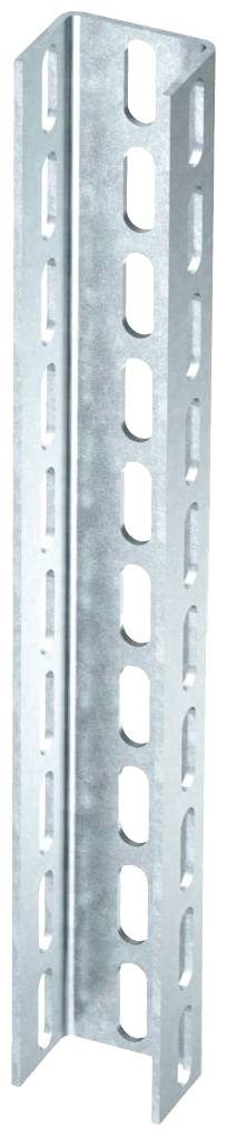 Metallschiene mit Löchern, wahrscheinlich zur Befestigung oder Unterstützung von Strukturkomponenten. Silverne Oberfläche.