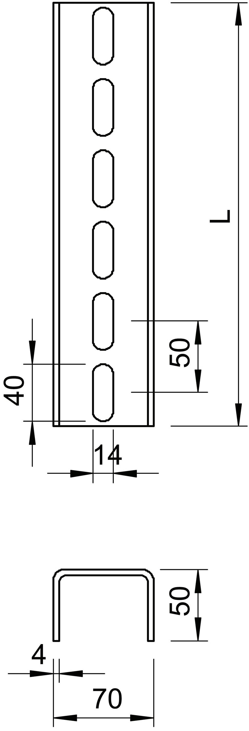 Metallprofil mit U-Form, Maße: Länge L, Breite 70 mm, Höhe 50 mm. Seitenblechbreite 40 mm, Lochabstand 50 mm, Lochbreite 14 mm.