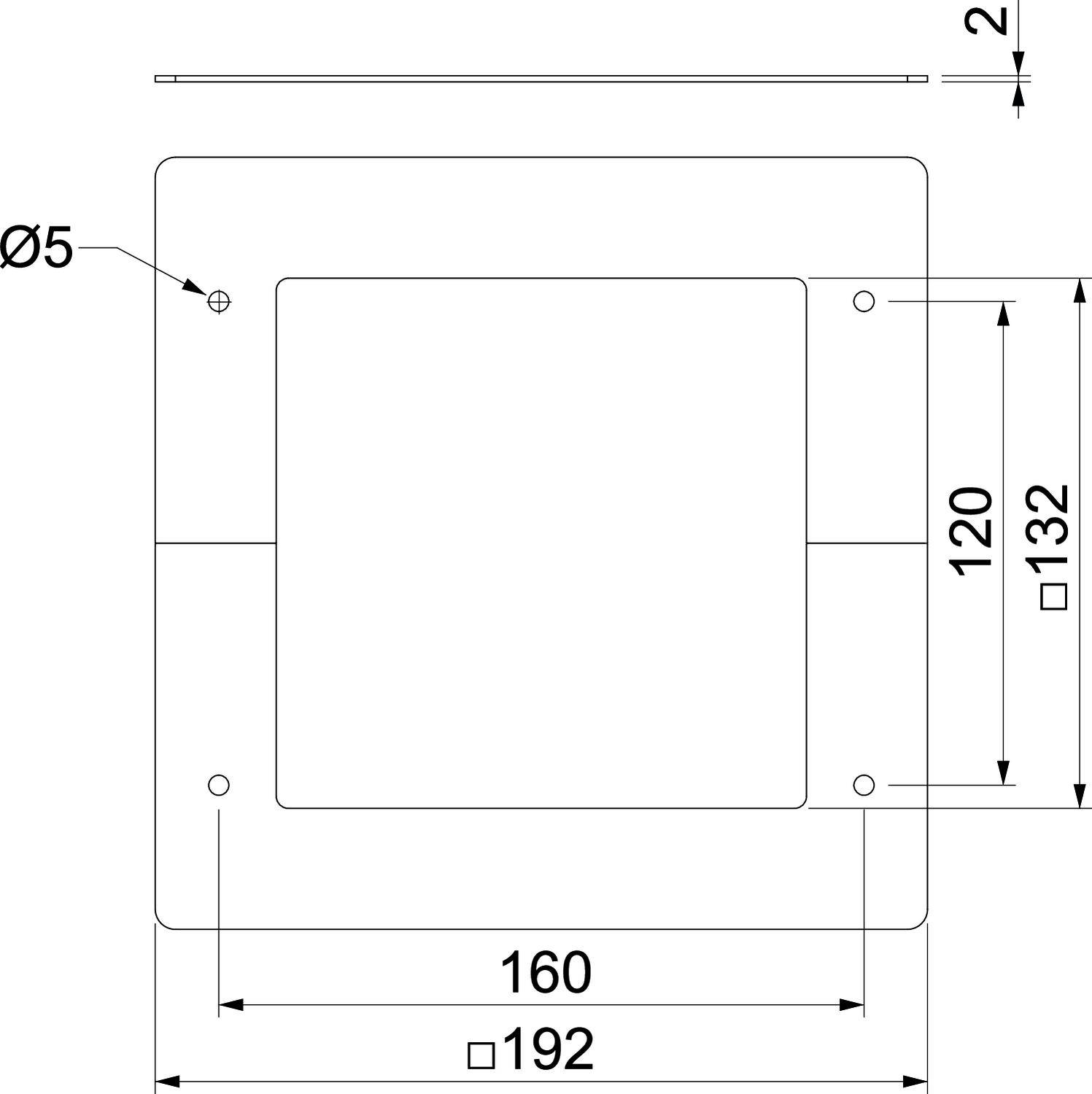 Technische Zeichnung eines quadratischen Metallteils mit Maßen: 160x192 mm, Stärke 2 mm, Lochdurchmesser 5 mm, Lochabstände angegeben.