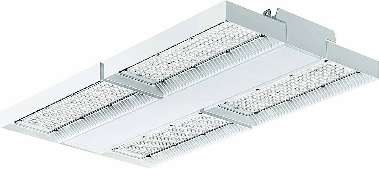 LED-Deckenbeleuchtung mit rechteckigem Silber-Rahmen und mehreren Leuchtelementen für große Räume.