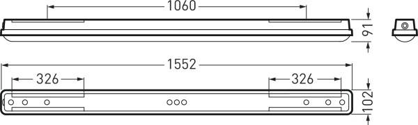 Technische Zeichnung eines rechteckigen Bauteils mit den Maßen 1060 mm x 91 mm oben und 1552 mm x 102 mm unten, mit Abstandshaltern.