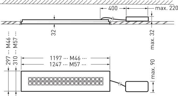 Technische Zeichnung einer Deckenleuchte mit den Maßen 1197 x 297 mm. Anschlussbox und Kabel sind angegeben. Maximale Montagehöhen: Leuchte 32 mm, Anschlussbox 220 mm.
