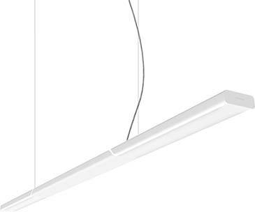 Weiße, moderne Hängelampe mit schlankem, minimalistischem Design vor einem schlichten Hintergrund.