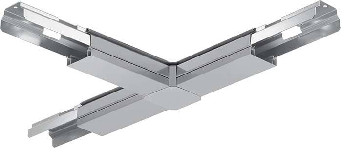 Ein modernes L-förmiges Metalleck für Deckenmontage, bestehend aus geraden Stegen, verbunden in einem rechten Winkel. Ideal für Beleuchtungssysteme.