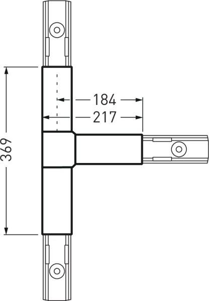 Technische Zeichnung eines T-förmigen Rohrs. Gesamthöhe 369 mm, vertikale Segmente 184 mm und 217 mm. Maße und Verbindungselemente sind markiert.