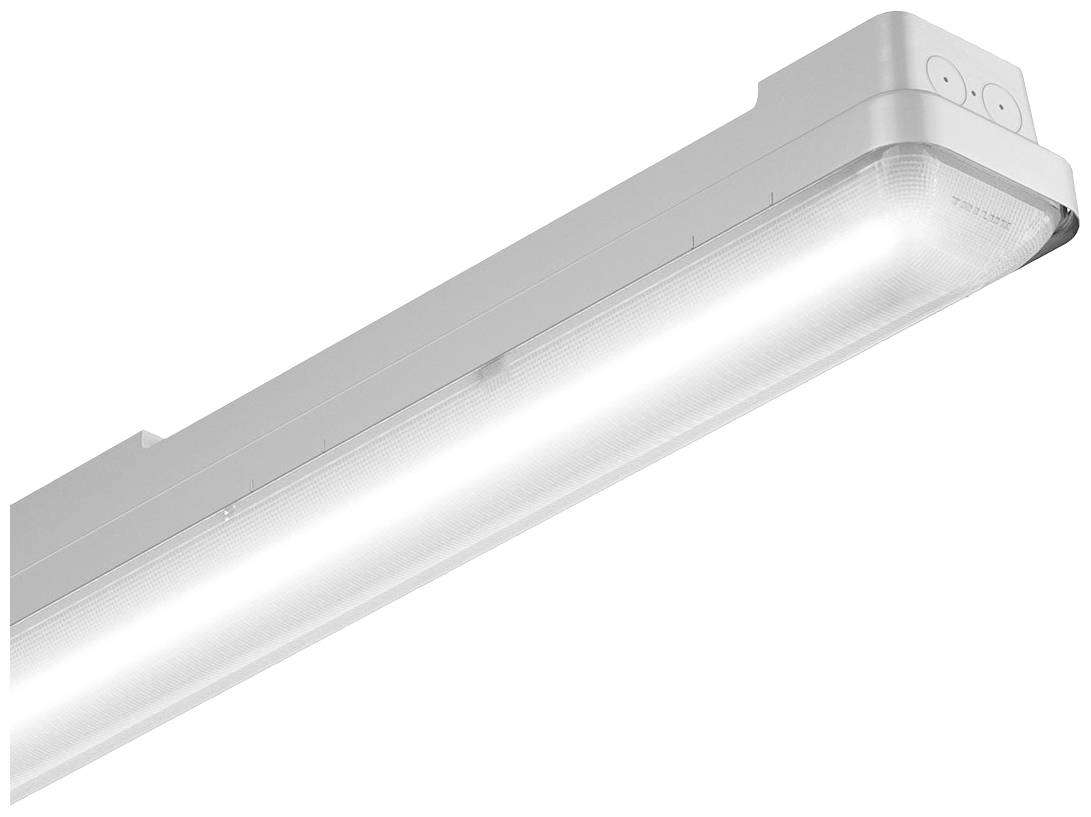LED-Deckenleuchte mit weißem Gehäuse, rechteckiger Form und transparentem Lichtbereich. Verwendet für helle, energiesparende Beleuchtung.