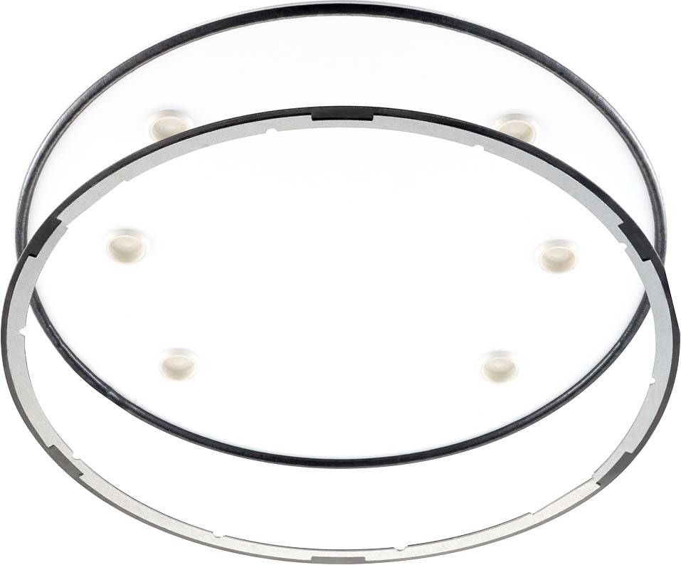 Runde, minimalistische Deckenleuchte mit durchscheinendem Glas und sichtbaren Glühbirnen. Schlichtes, modernes Design.