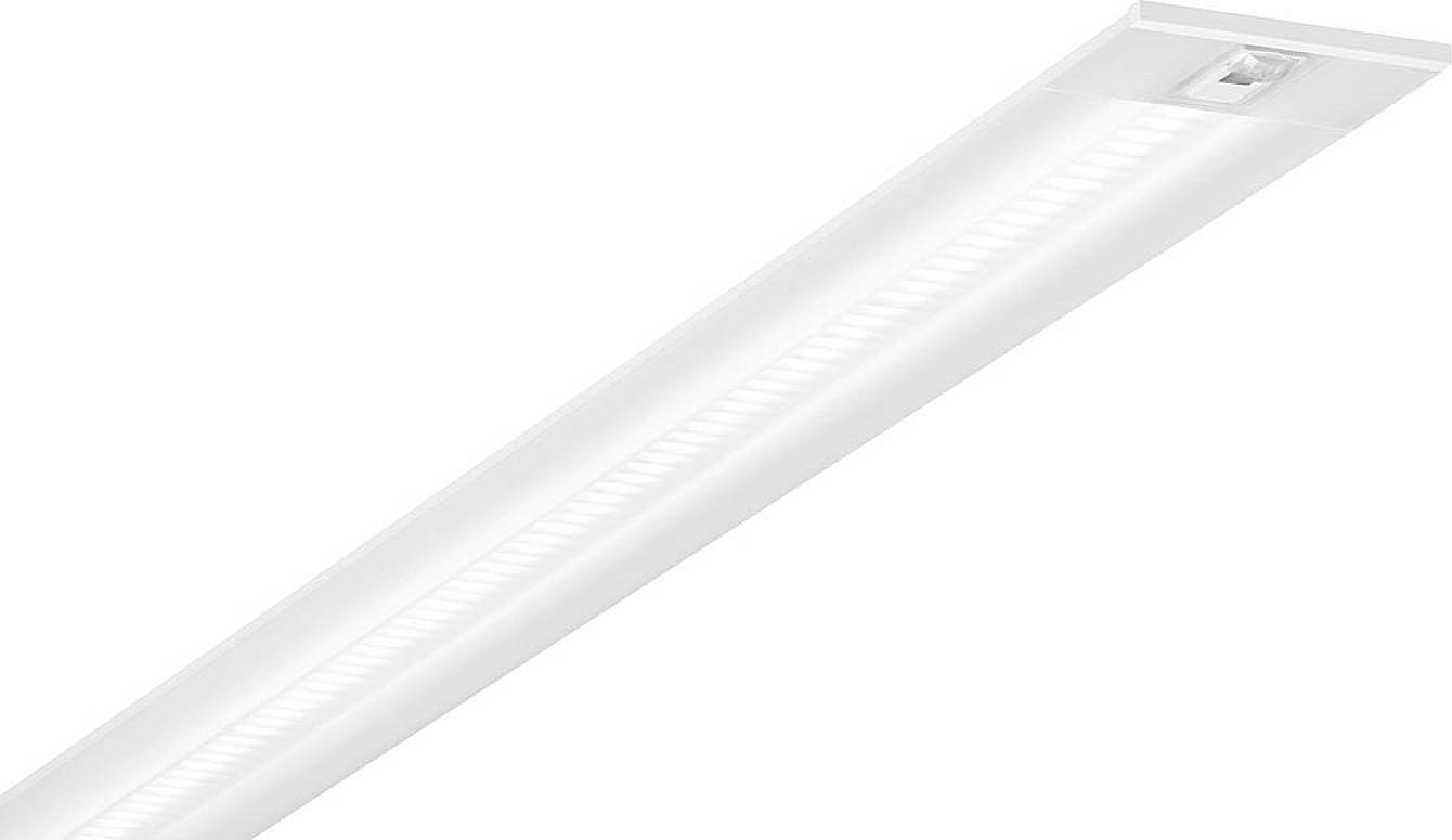 Eine längliche, weiße LED-Leuchte in rechteckiger Form, geeignet zur Deckenmontage, mit gleichmäßiger Lichtverteilung.