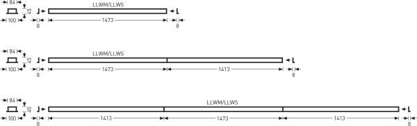 Abbildung mit drei parallelen Linien, die mit Pfeilen und Maßangaben versehen sind. Beschriftungen: LUWLWLWLWS, Werte: 64, 110, 14,73, 14,13.