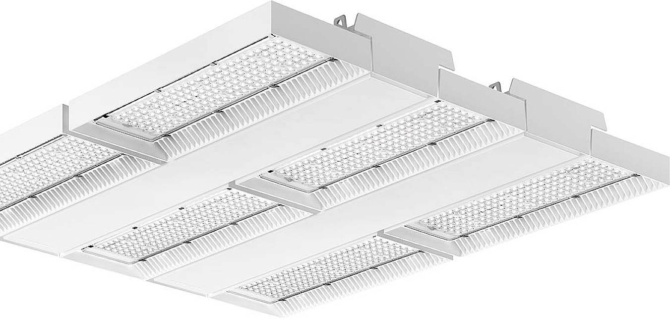 LED-Deckenleuchte mit sechs rechteckigen Paneelen in einer Gitterstruktur, montiert für gleichmäßige Ausleuchtung in Innenräumen.