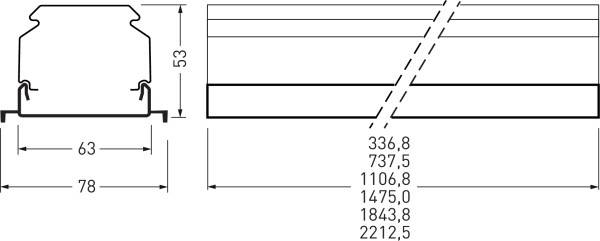 Technische Zeichnung eines Profils mit Maßen: Höhe 53 mm, Breite 63 mm vorne, Gesamtlänge 2212,5 mm mit detaillierten Segmentlängen.