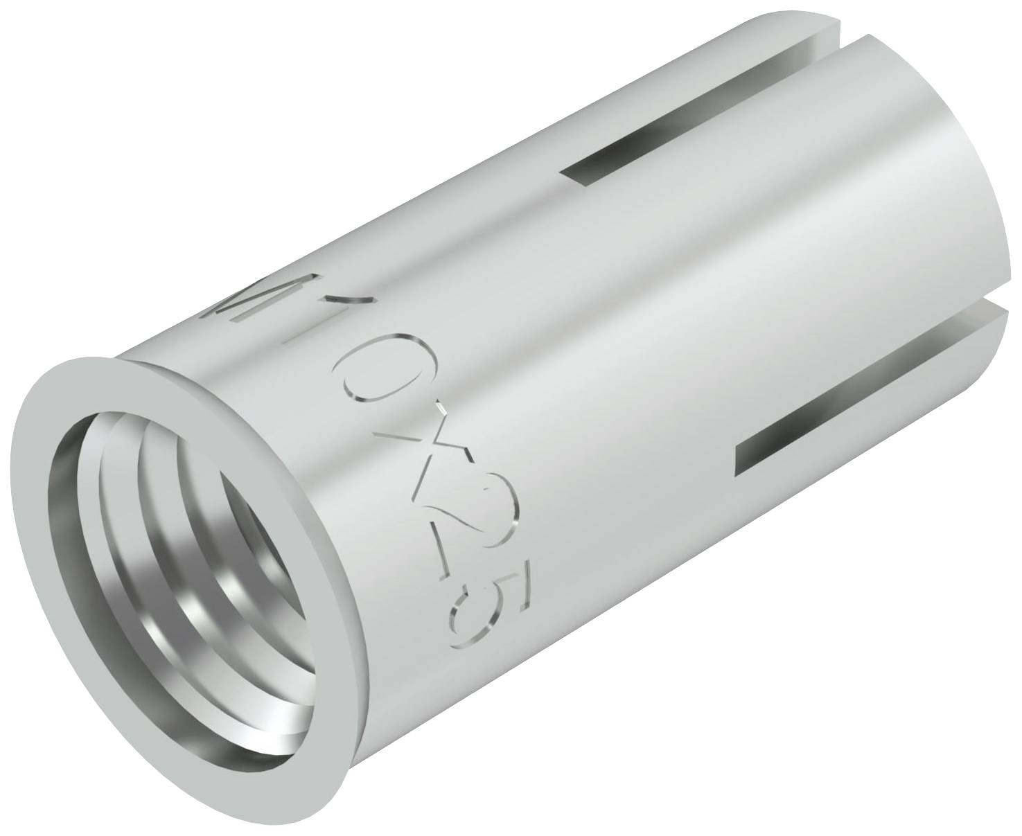 Metallischer Dübel zur Befestigung, zylindrische Form mit eingeschnittenem Gewinde und seitlichen Schlitzen, Gravur 'M10 x 25'.