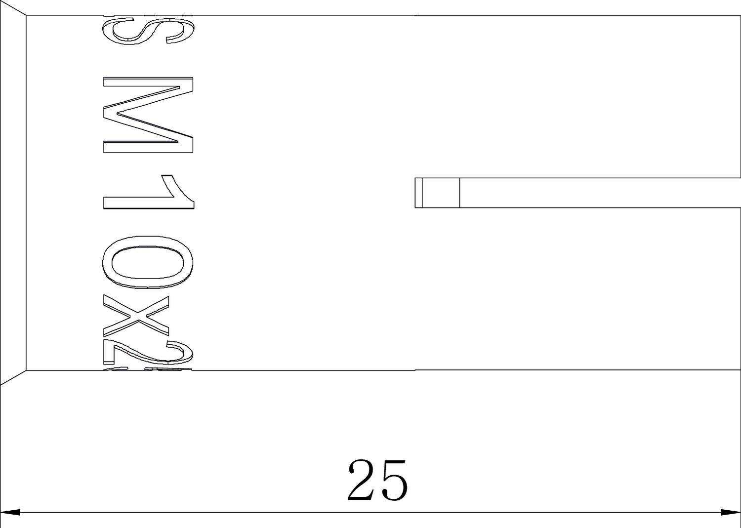 Technische Zeichnung eines rechteckigen Teils mit der Beschriftung 'M10x25'. Eine Pfeillinie zeigt eine Länge von 25 Einheiten.