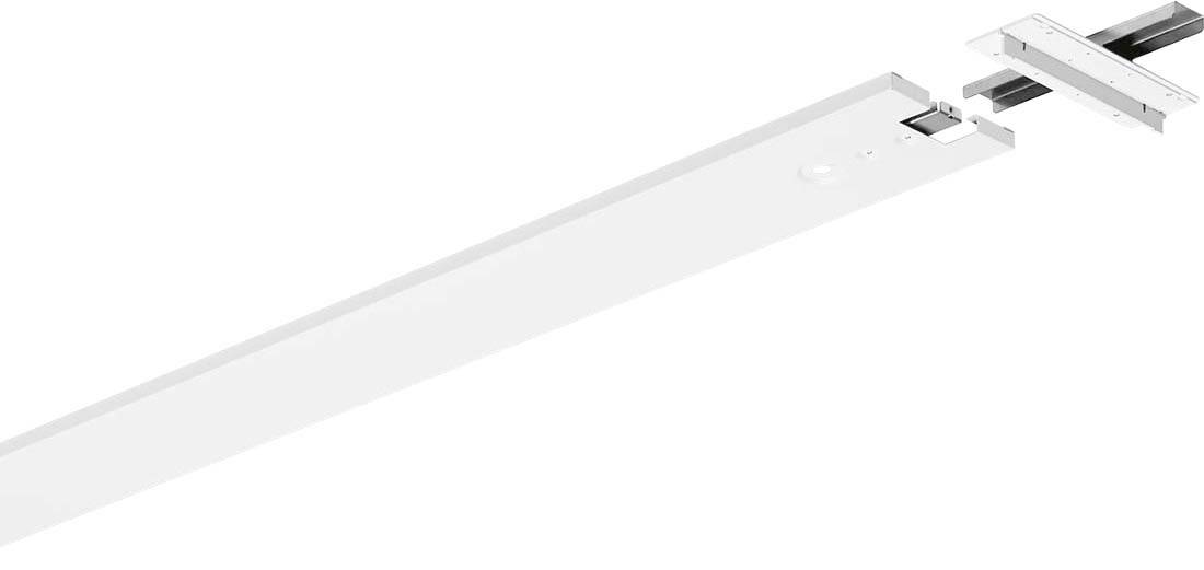 Einzelne weiße Metallschiene mit montierbarem Bauteil am Ende, vermutlich für Möbel oder Schubladenmechanismus geeignet.