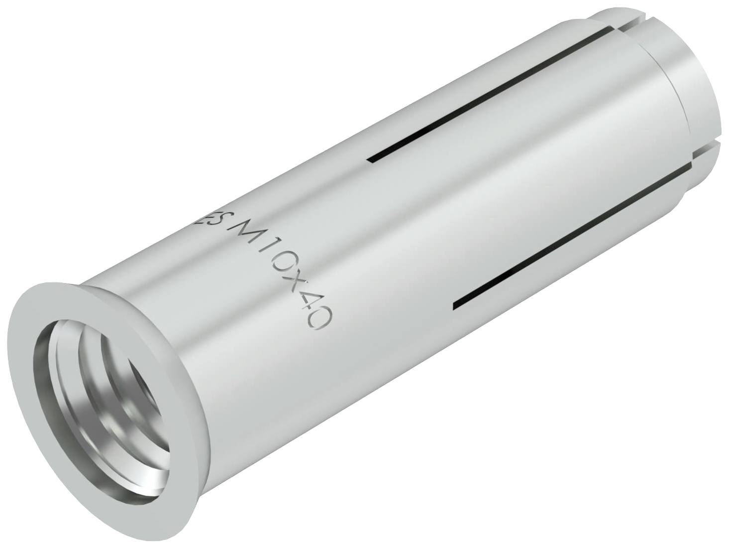 Metallanker mit Aufschrift 'M10x40', zylindrische Form, geschlitzt. Verwendet zur Befestigung in Beton oder Mauerwerk.