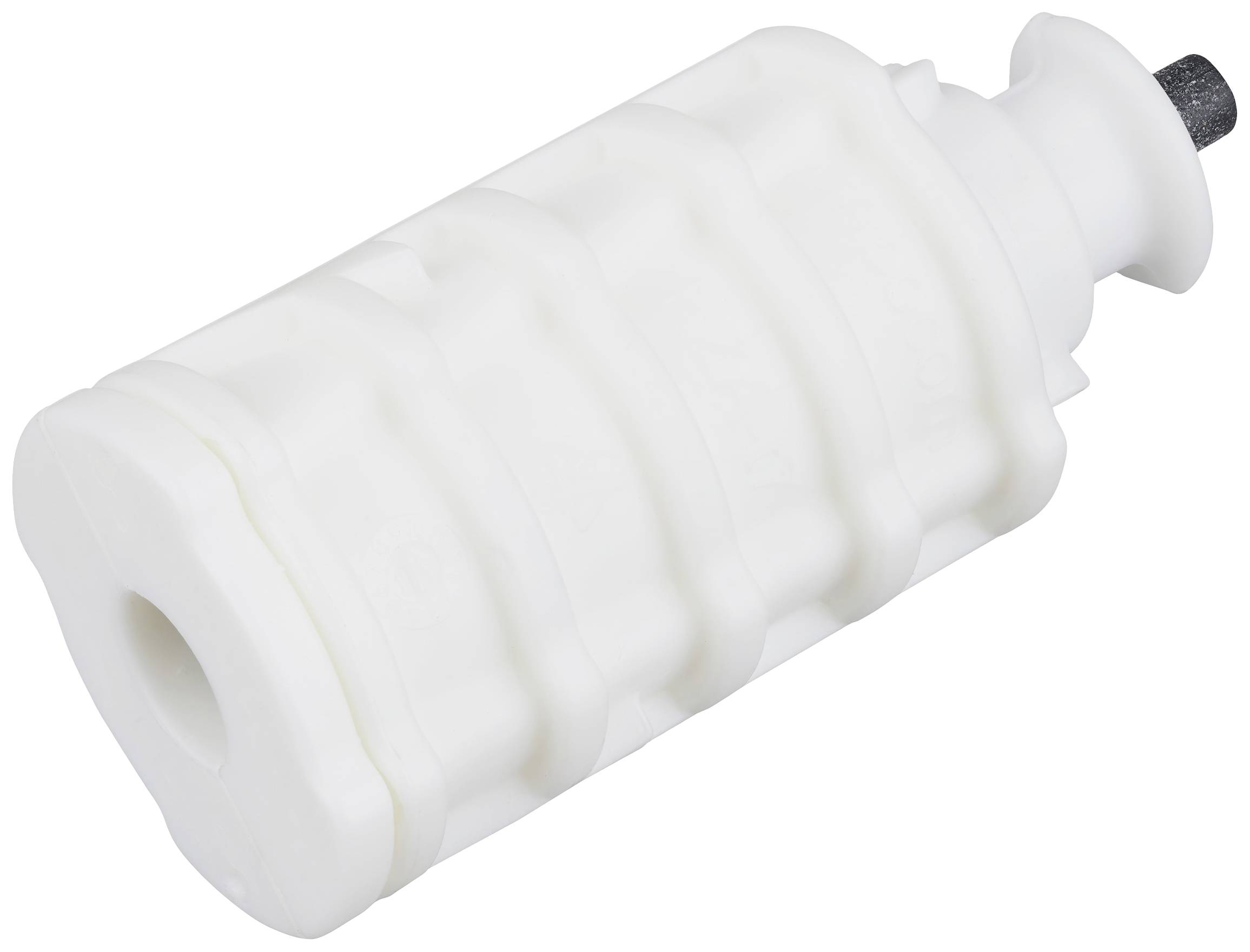 Ein weißes, geripptes Kunststoffbauteil in zylindrischer Form mit kleiner, runder Öffnung und befestigtem Metallstift an einem Ende.