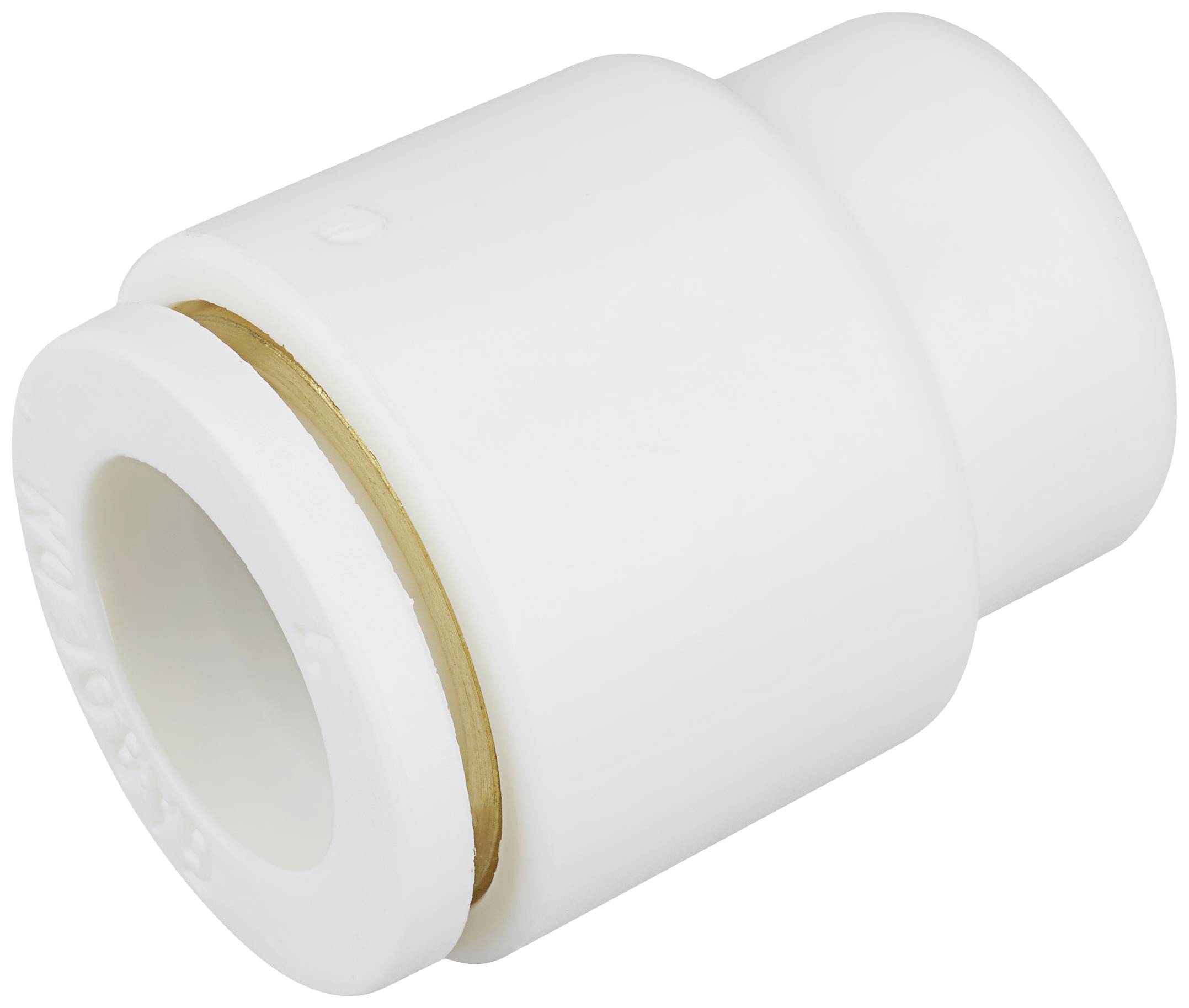 Eine weiße Kunststoffkappe mit einem goldenen Ring, die möglicherweise für Rohrverbindungen verwendet wird. Sie hat eine zylindrische Form.