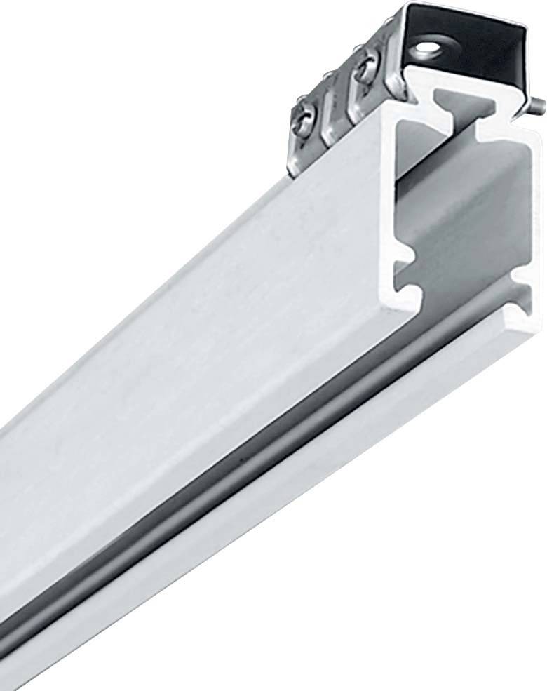 Metallschiene mit U-Profil und metallischer Halterung oben, häufig für Regale oder Befestigungen in Baukonstruktionen verwendet.