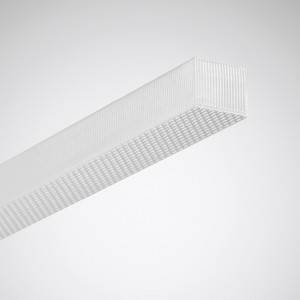 Eine lange, rechteckige weiße Leuchte mit geriffelter Textur vor einem grauen Hintergrund.