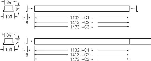 Technische Zeichnung zweier rechteckiger Objekte mit Maßen und Kennzeichnungen: 100 und 84 Höhe, 70 Breite, 1132–1473 Länge.
