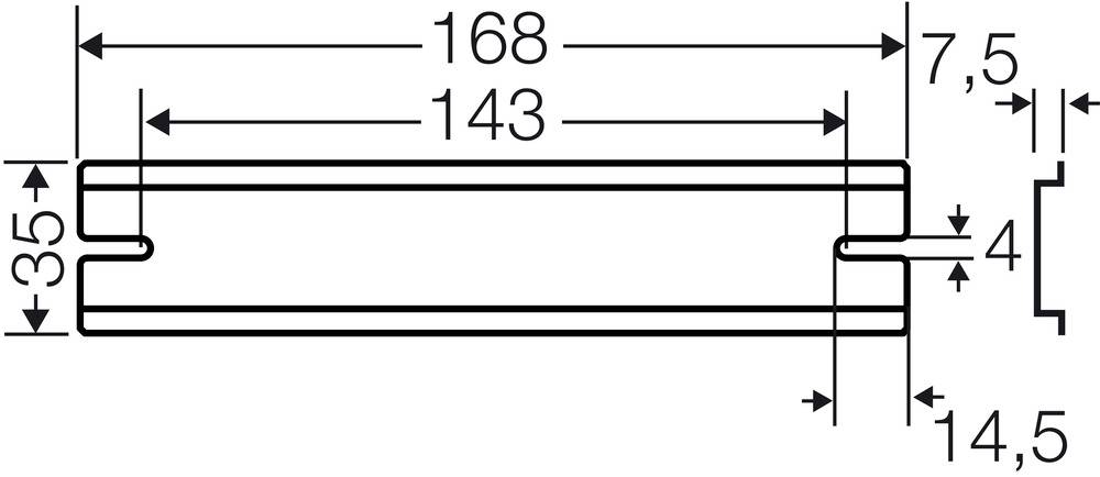 Technische Zeichnung eines Querschnitts. Breite: 168, Höhe: 35, innere Breite: 143. Maße: 7,5, 4 und 14,5 angegeben.
