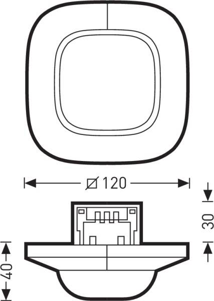 Technische Zeichnung eines runden Rauchmelders mit Durchmesser 120 mm und Höhe 40 mm, Seitenansicht und Draufsicht sind dargestellt.