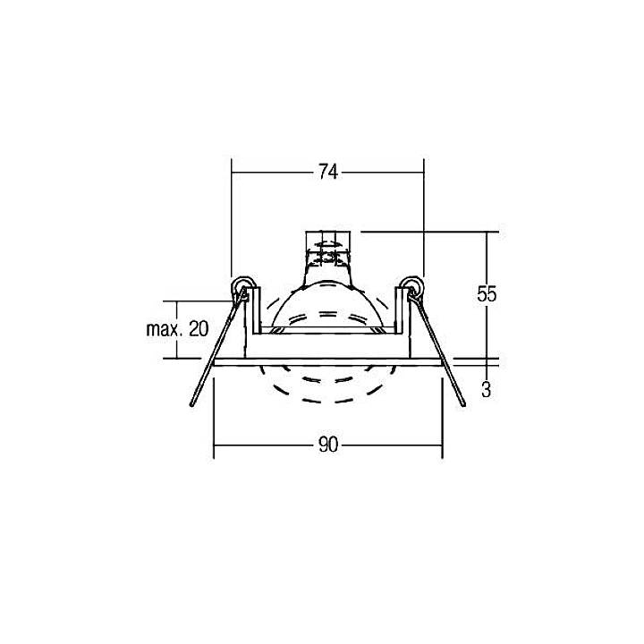 Diagramm einer Einbaulampe mit Abmessungen: 90 mm Breite, 74 mm Tiefe, 55 mm Höhe, bis zu 20 mm Einbautiefe. Zeigt Befestigungswinkel.