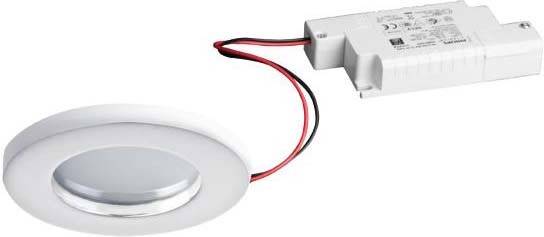 Runde, weiße LED-Lampe mit Netzteil. Sie hat rote und schwarze Kabel und ist für den Einbau in Decken oder Möbel geeignet.