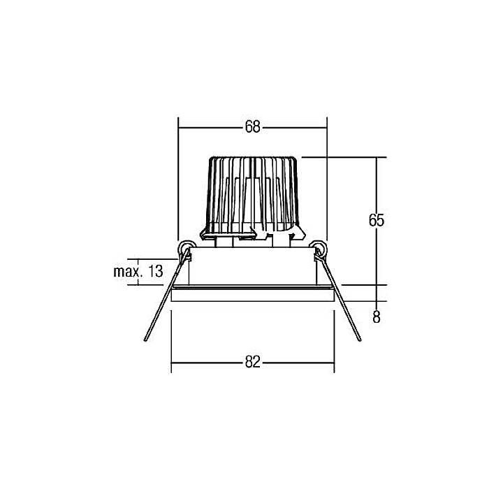 Technische Zeichnung einer Lampe mit Maßen: Durchmesser 68 mm, Höhe 65 mm, Gesamthöhe 13 mm, Breite 82 mm.