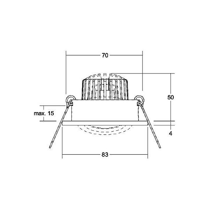 Technische Zeichnung eines runden Deckenstrahlers mit den Maßen: Höhe 50 mm, Durchmesser 70 mm, Breite 83 mm, Einbauhöhe max. 15 mm.