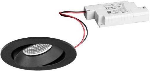 Ein rundes, schwarzes LED-Deckeneinbauleuchte mit zwei Kabeln verbunden mit einem weißen Netzteil.