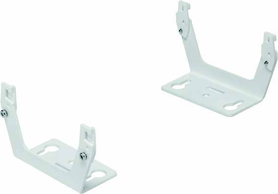 Zwei weiße Metallhalterungen mit Schrauben, die für die Befestigung an einer Wand oder Decke vorgesehen sind.