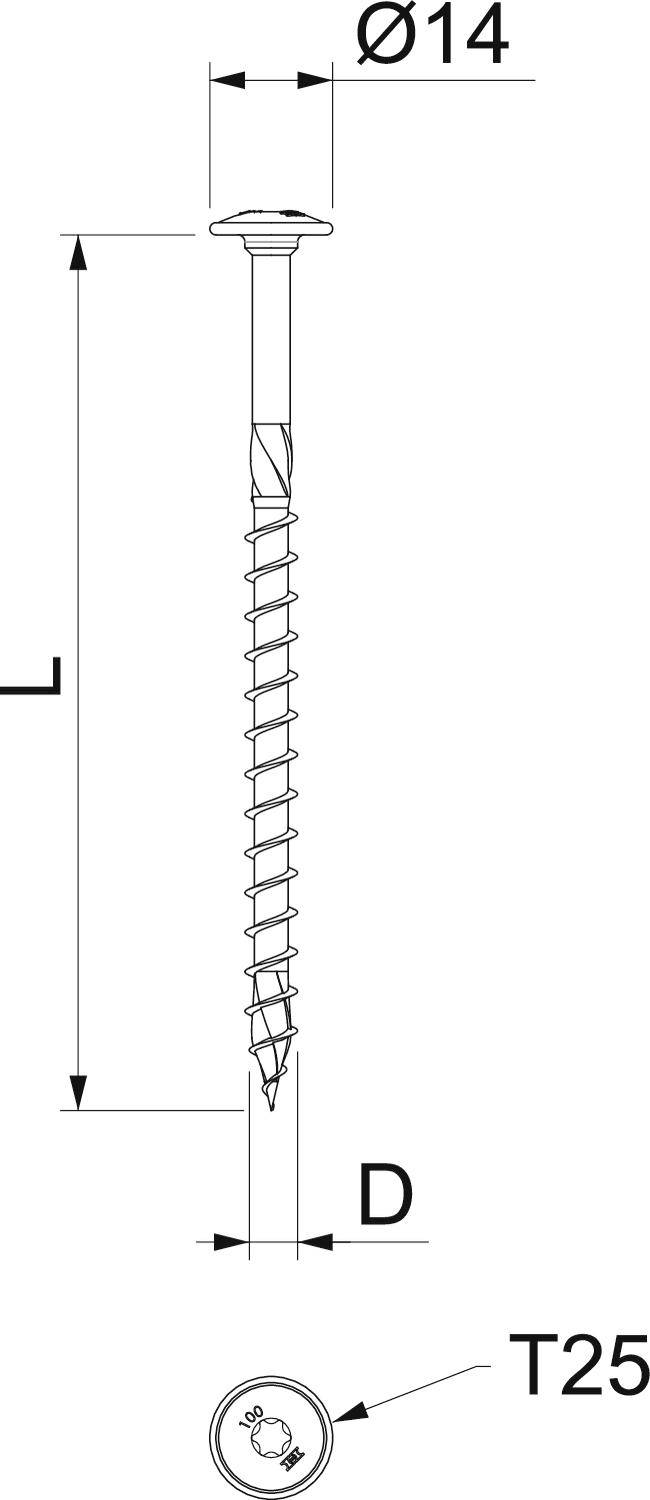 Technische Zeichnung einer Schraube. Oben Durchmesser Ø14, unten Durchmesser D. Schraubenkopf mit T25-Muster gekennzeichnet.