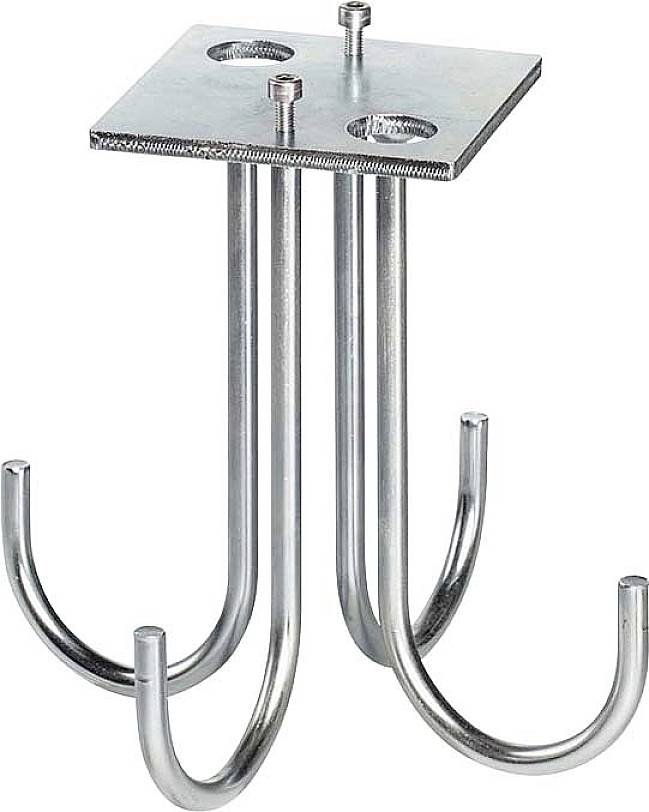 Metall-Deckenhaken mit vier gebogenen Armen und rechteckiger Befestigungsplatte. Geeignet zur Aufhängung von Gegenständen.