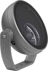 Silbernes Objektiv oder Leuchte mit rundem Design und Befestigungshalterungen, seitlich betrachtet.