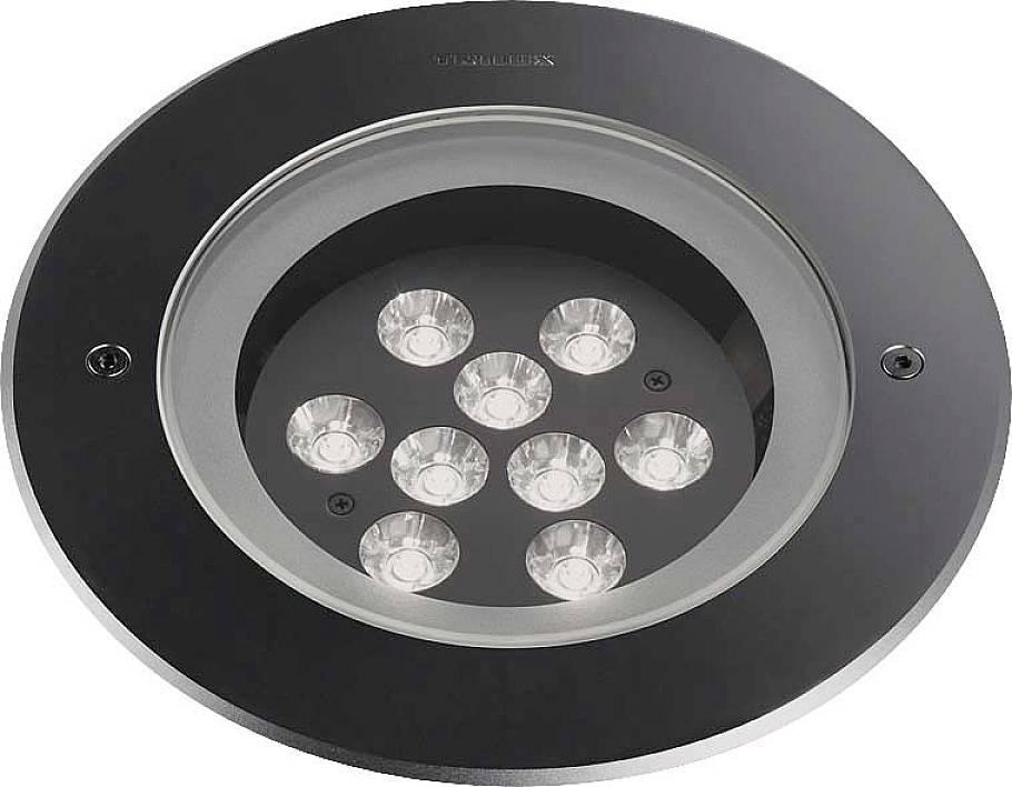 Runde LED-Bodenleuchte mit sieben sichtbaren Leuchtmitteln, schwarz gerahmt. Geeignet für den Außenbereich.
