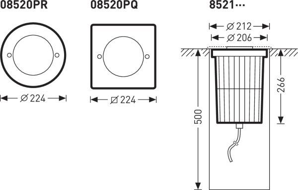 Technische Zeichnung von zwei Lampenmodellen, rund und quadratisch, mit Maßen. Querschnitt zeigt Einbaudetails und Kabelposition.
