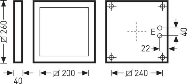 Technische Zeichnung eines quadratischen Objekts: Außenmaß 260 mm, Innenmaß 200 mm, mit Bohrungen bei 240 mm. Dicke 40 mm.