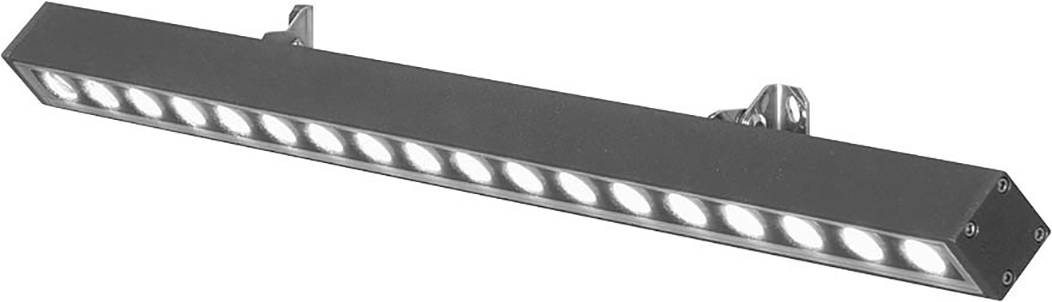 Ein schwarzer, länglicher LED-Strahler mit 19 Lampen, montiert auf einem silbernen Halter.