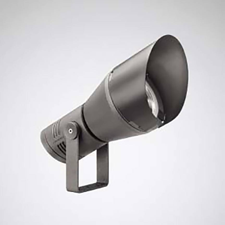 Eine schwarze Wandleuchte mit modernem, konischem Design und verstellbarem Kopf vor grauem Hintergrund.