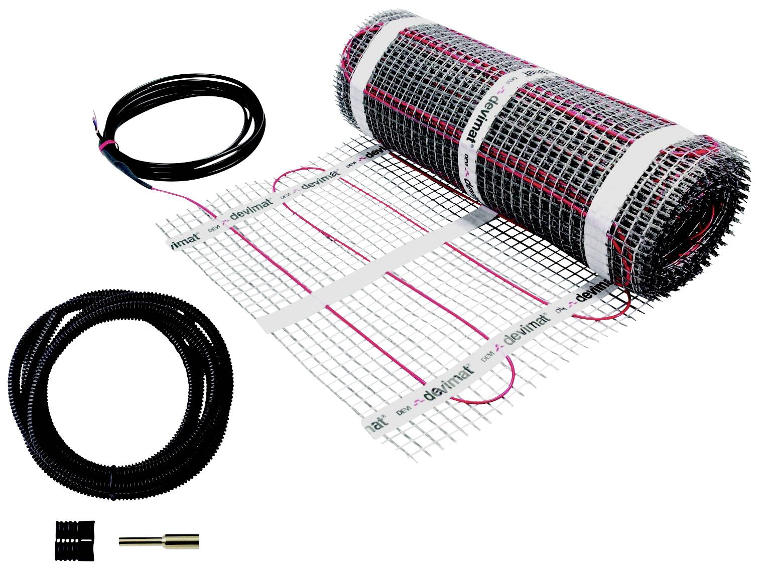 Eine Fußbodenheizmatte mit Kabeln und Sensor. Das System ist auf einem Gitter montiert und wird zum gleichmäßigen Heizen von Böden verwendet.