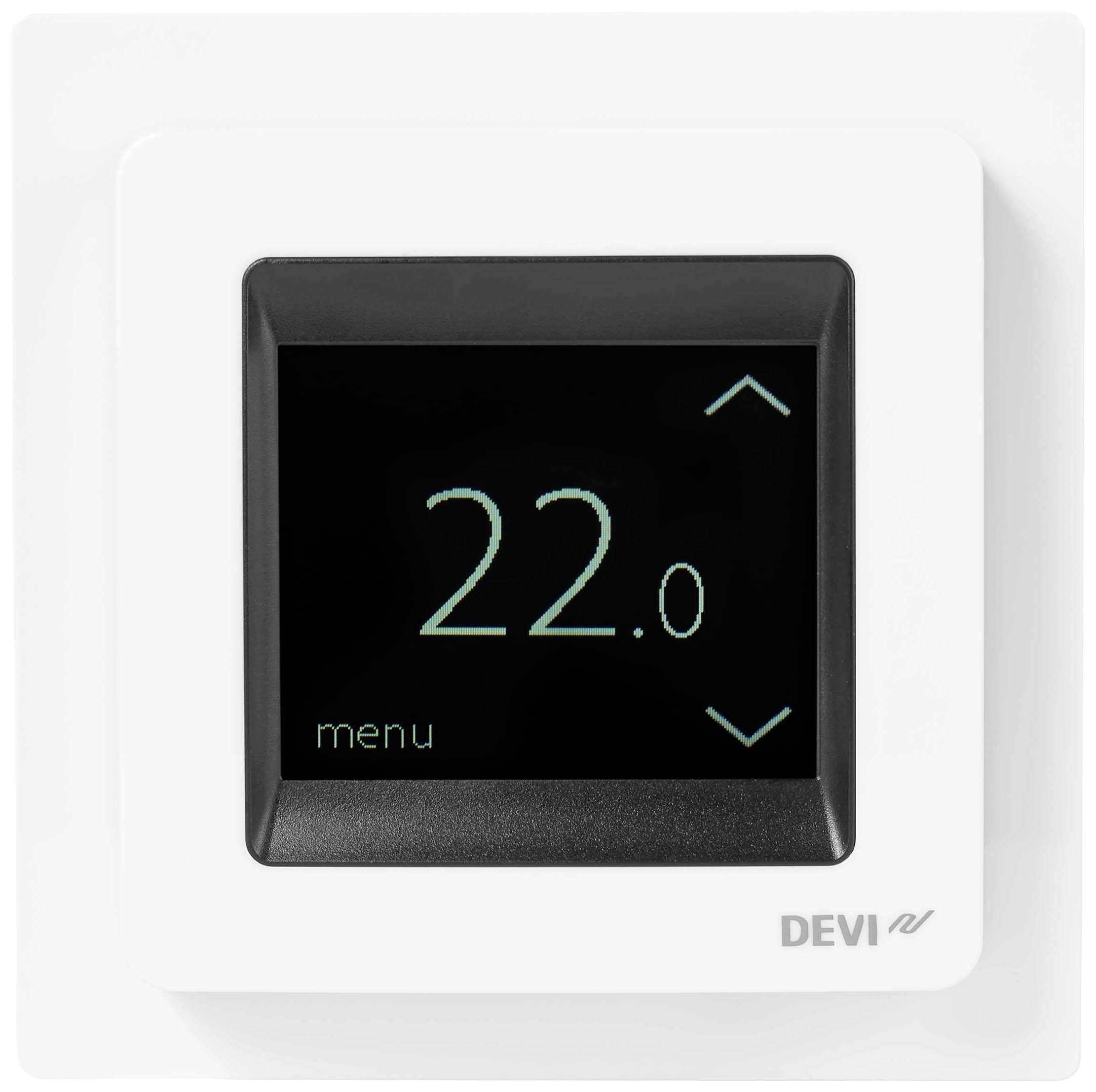 Ein digitaler Thermostat zeigt '22.0' Grad an. Es gibt hoch und runter Pfeile zum Einstellen der Temperatur.
